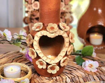 Heart flowers chimney vase clay Mexican decor embroidery pottery carved Barro bordado handmade home mother&#39;s Day gift jarrón mini chimenea