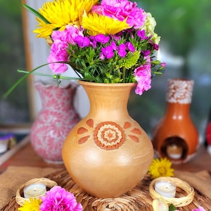 Embroidery Clay Vase Decor Mexican flowers pottery Barro bordado home decor birthday gift for her jarrón florero 9in tall limited edition