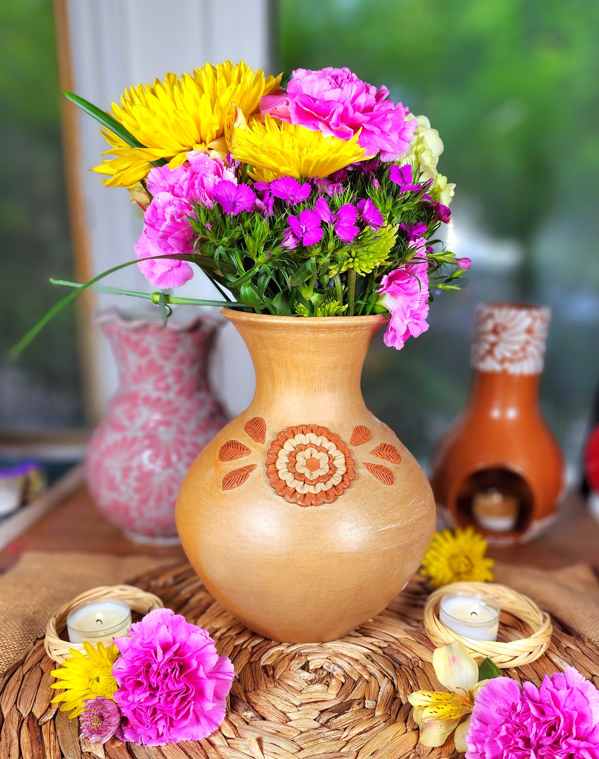 Embroidery Clay Vase Decor Mexican Flowers Pottery Barro Bordado