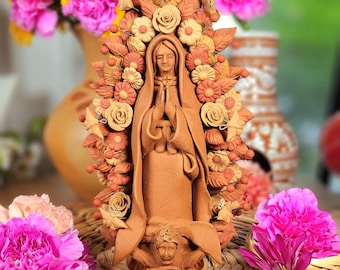 Unique Embroidery Clay Virgen Handmade 8.5in tall Mexican home decor Fall gifts gift for her virgen de Guadalupe Virgin Mary Virgen Maria