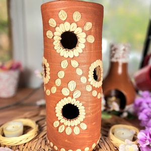 Large Embroidery Clay Vase Decor Mexican flowers bottle pottery Barro bordado home decor jarrón florero México 11in tall Fall gifts  gift