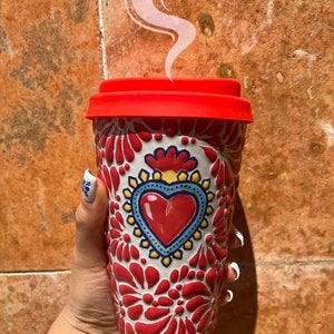 Original Mexican Talavera heart butterfly cup w lid coffee chocolate red handmade gift tumbler travel talavera termo corazón rojo couple mug