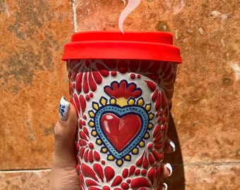 Original Mexican Talavera heart butterfly cup w lid coffee chocolate red handmade gift tumbler travel talavera termo corazón rojo couple mug