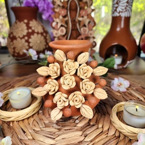 Embroidery 3d Clay Vase Decor Mexican flowers embroidery pottery Barro bordado home decor jarrón florero México 4.5in tall Fall gifts  gift