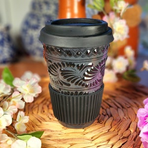 Original Mexican black Talavera 3 pieces tumbler cup w lid coffee chocolate 450ml handmade travel mug talavera termo Valentine's Day gift