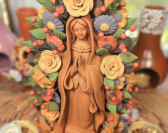 Unique Embroidery Clay Virgen Handmade handpainted 30cm tall Mexican home decor Fall gifts  gift for her virgen de Guadalupe Virgin Mary