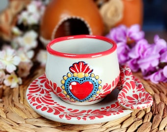 Original Mexican Talavera Heart coffee mug 8oz spoon and plate set handmade Handpainted talavera set taza chocolatera Father's Day gift