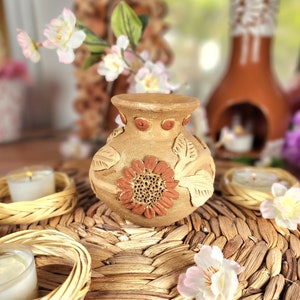 Rustic Hand sculpted vase clay decor Mexican flowers embroidery pottery carved Mexico Barro bordado handmade home gift jarrón florero México