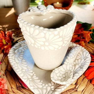 Original Mexican Talavera heart coffee mug spoon and plate set handmade handpainted barro white talavera set taza corazon mother's Day gift
