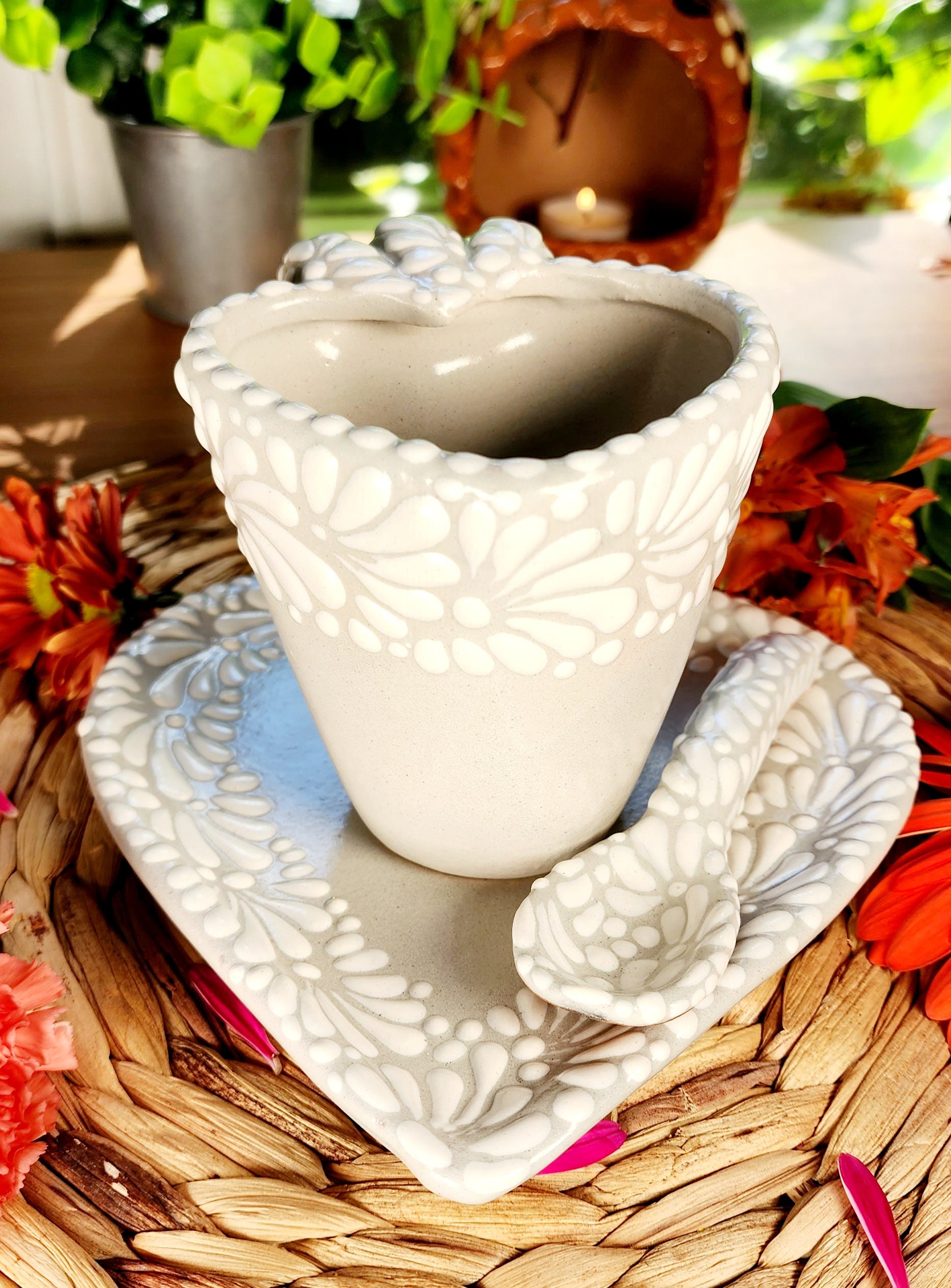 Original Mexican Talavera Heart Coffee Mug Spoon and Plate Set