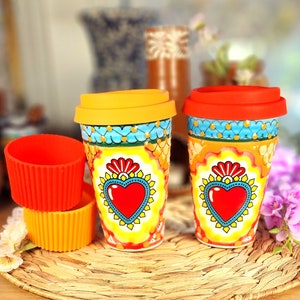 Original Mexican Talavera heart cup w lid coffee chocolate red handmade made tumbler travel talavera termo corazón couple mugs Valentine's