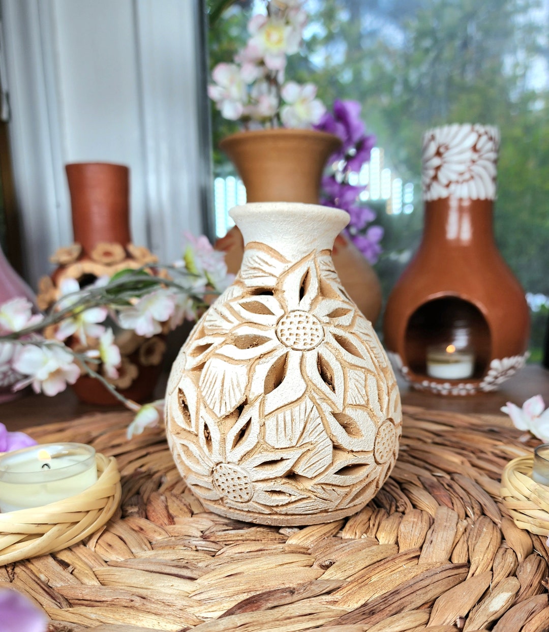 White Clay Vase Decor Mexican Flowers Pottery Barro Calado Home Mother ...
