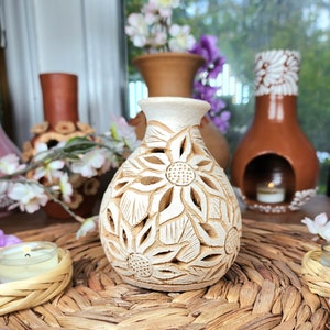 White Clay Vase Decor Mexican flowers pottery Barro calado home mother&#39;s Day gift for her jarrón florero handsculpted limited edition 5in