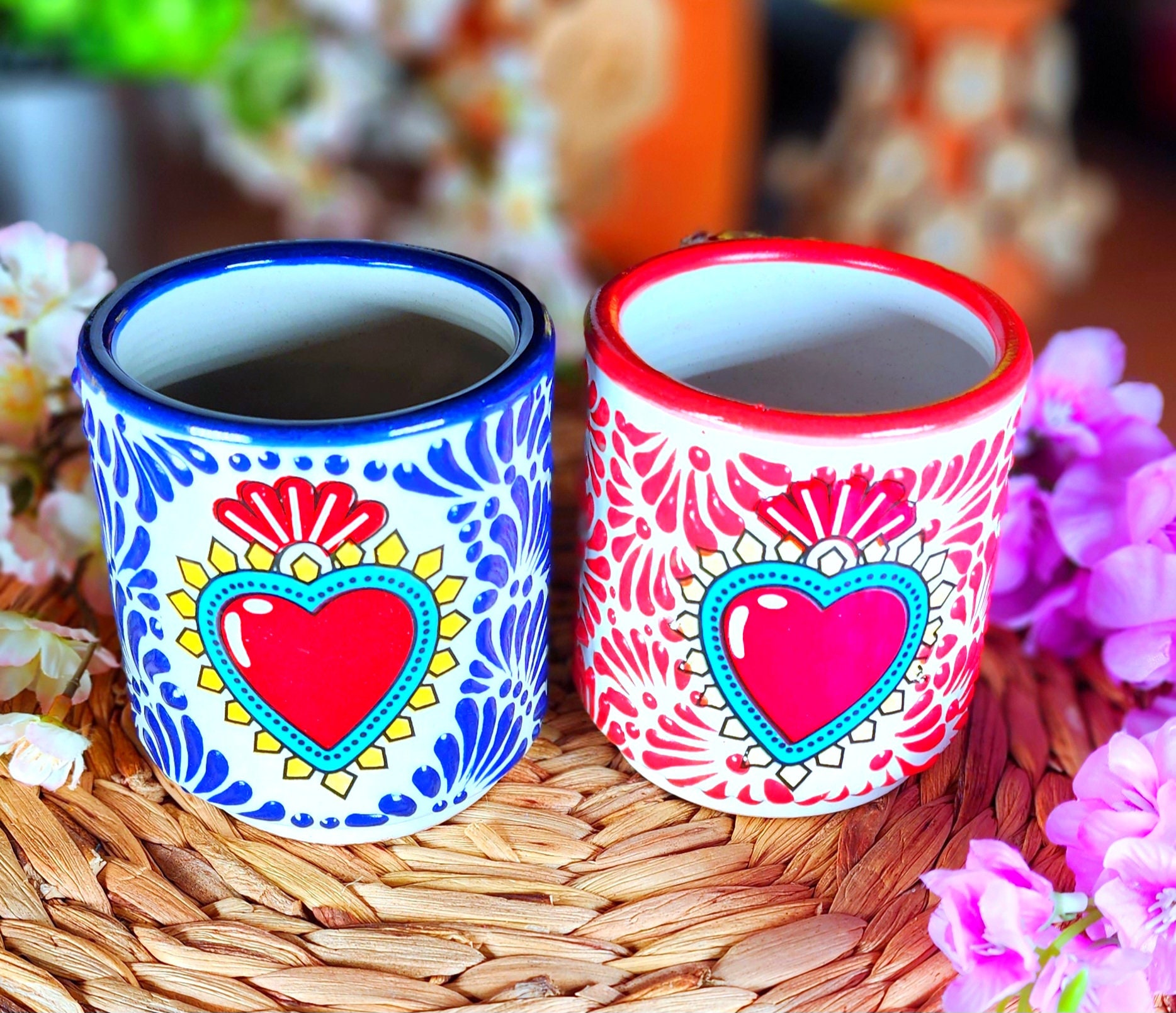 Original Mexican Talavera 4 Pieces Set Tradicional Cantarito Jarrito W  Handle Handmade Coffee Mug Hot Chocolate Barro Jarra Café Gift Olla 