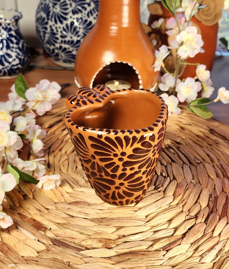 Original Mexican Talavera heart mug coffee 290ml handmade Handpainted talavera taza corazón barro gift for her coquette home decor All Brown 🤎