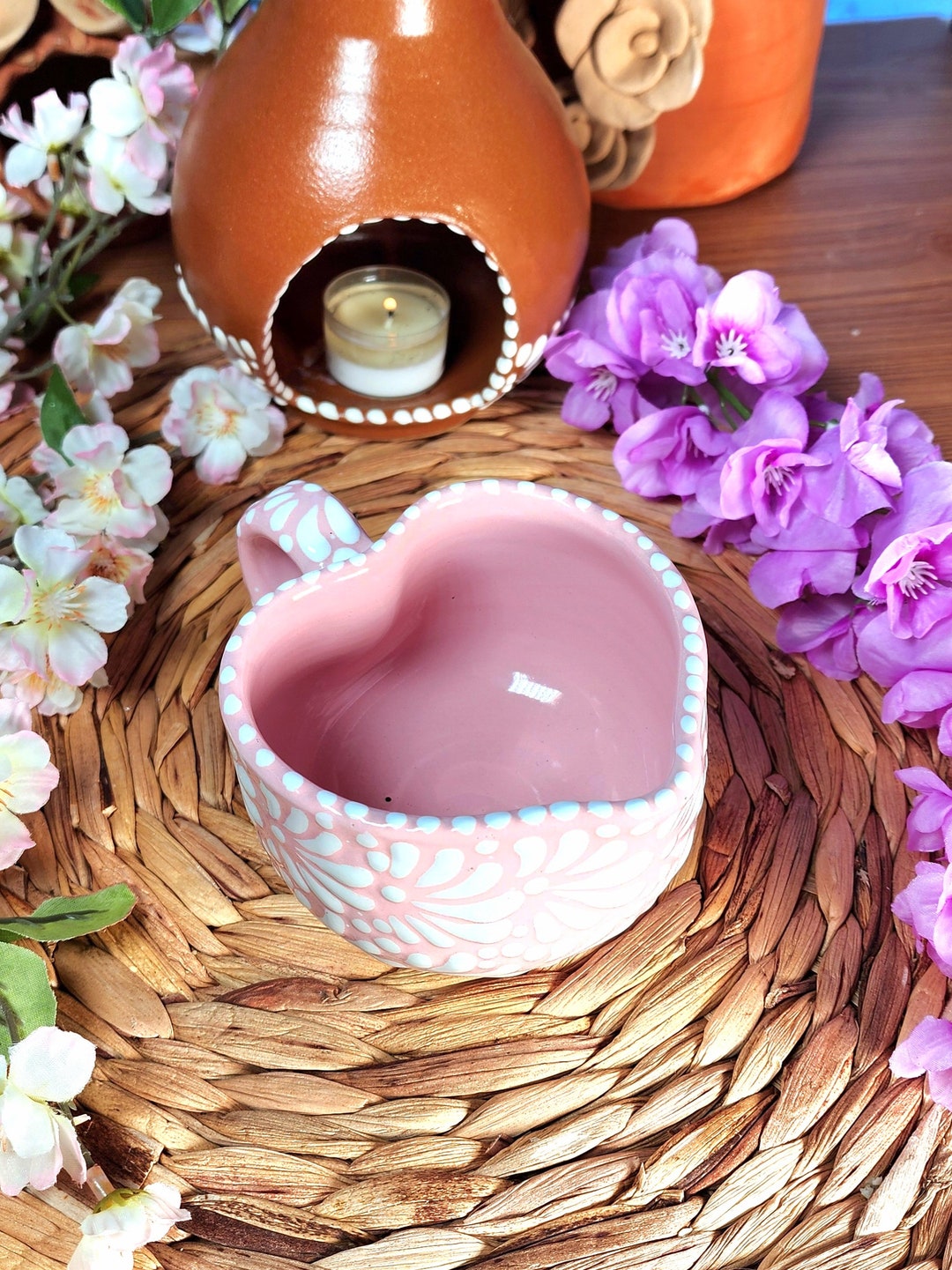 Original Mexican Talavera Pink Heart Coffee Mug 290ml Handmade Kitchen ...