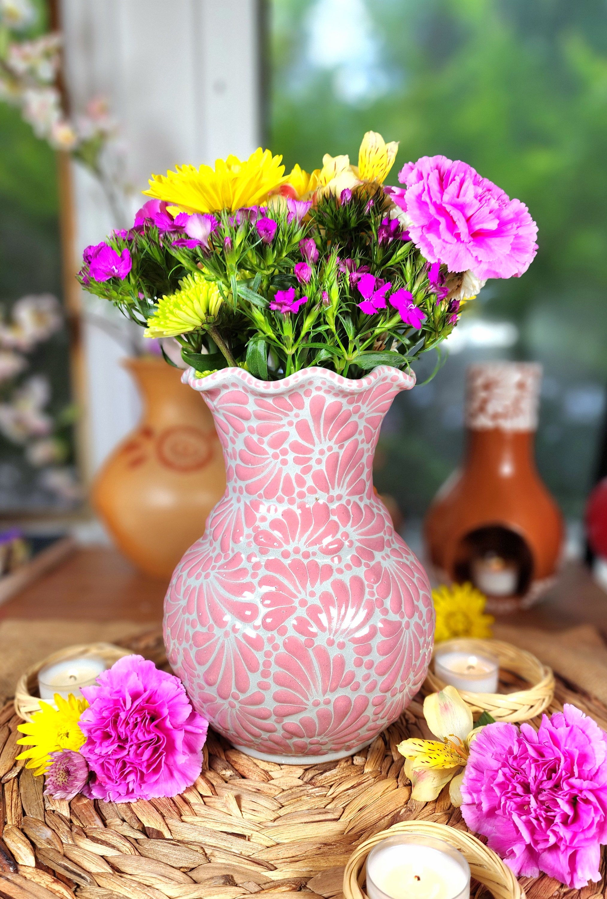Talavera Vase LIMITED EDITION Pink and White Handpainted Home