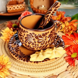 Original Mexican Talavera set chocolate coffee mug spoon and plate set handmade Handpainted talavera set taza chocolatera plato gift