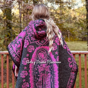 厚いグアダルーペの聖母 ピンク 帽子付きポンチョ 手作りブランケット ソフト 暖かい gaban lana virgen de Guadalupe mañanita con gorro メキシコ製