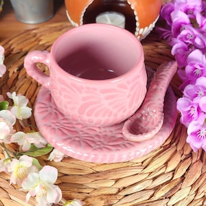 Original Mexican Talavera pink coffee mug 8oz spoon and plate set handmade Handpainted talavera set taza chocolatera Father's Day gift