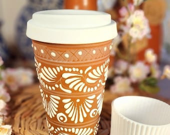 Original Mexican Talavera tumbler travel mug lid coffee chocolate 450ml handmade Handpainted talavera termo brown and white  barro gift