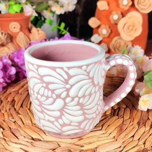 Original Mexican Talavera coffee mug 300ml Pink and white handmade hot chocolate Handpainted talavera taza barro gifts for her coquette