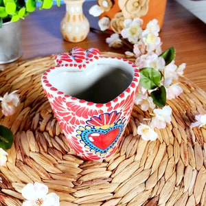 Original Mexican Talavera red heart coffee mug 290ml  handmade talavera vase taza en forma de corazón barro gift for her chocolatera