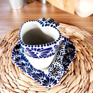 Original Mexican Talavera heart coffee  mug spoon and plate set handmade made to order talavera set taza cuchara plato corazón unique pieces