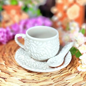 Original Mexican Talavera white coffee mug 8oz spoon and plate set handmade Handpainted talavera set taza chocolatera coquette gift vase