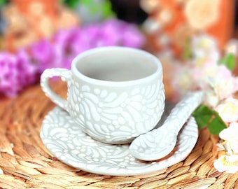 Original Mexican Talavera white coffee mug 8oz spoon and plate set handmade Handpainted talavera set taza chocolatera coquette gift vase