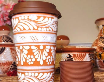 Original Mexican Talavera tumbler travel mug lid coffee chocolate 450ml Handpainted termo fall season gifts home gift for her him coquette