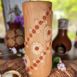 Large Embroidery Clay Vase Decor Mexican flowers bottle pottery Barro bordado home decor jarrón florero México 11in tall Fall gifts  gift