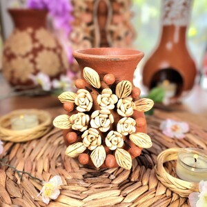 Embroidery 3d Clay Vase Decor Mexican flowers embroidery pottery Barro bordado home decor jarrón florero México 4.5in tall Fall gifts  gift