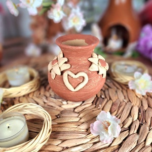 Rustic Hand sculpted vase clay decor Mexican flowers embroidery pottery carved Mexico Barro bordado handmade home gift jarrón florero México