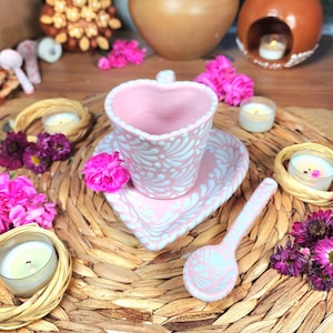 Mexican Pink Talavera heart mug coffee set ESPRESSO 200ml mug handmade barro talavera set taza corazon gift for her coquette LIMITED EDITION