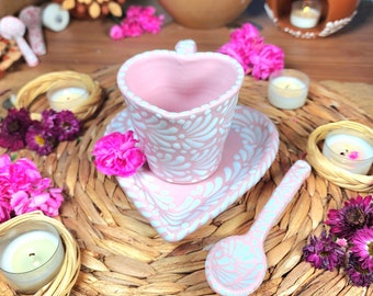 Mexican Pink Talavera heart mug coffee set ESPRESSO 200ml mug handmade barro talavera set taza corazon gift for her coquette LIMITED EDITION