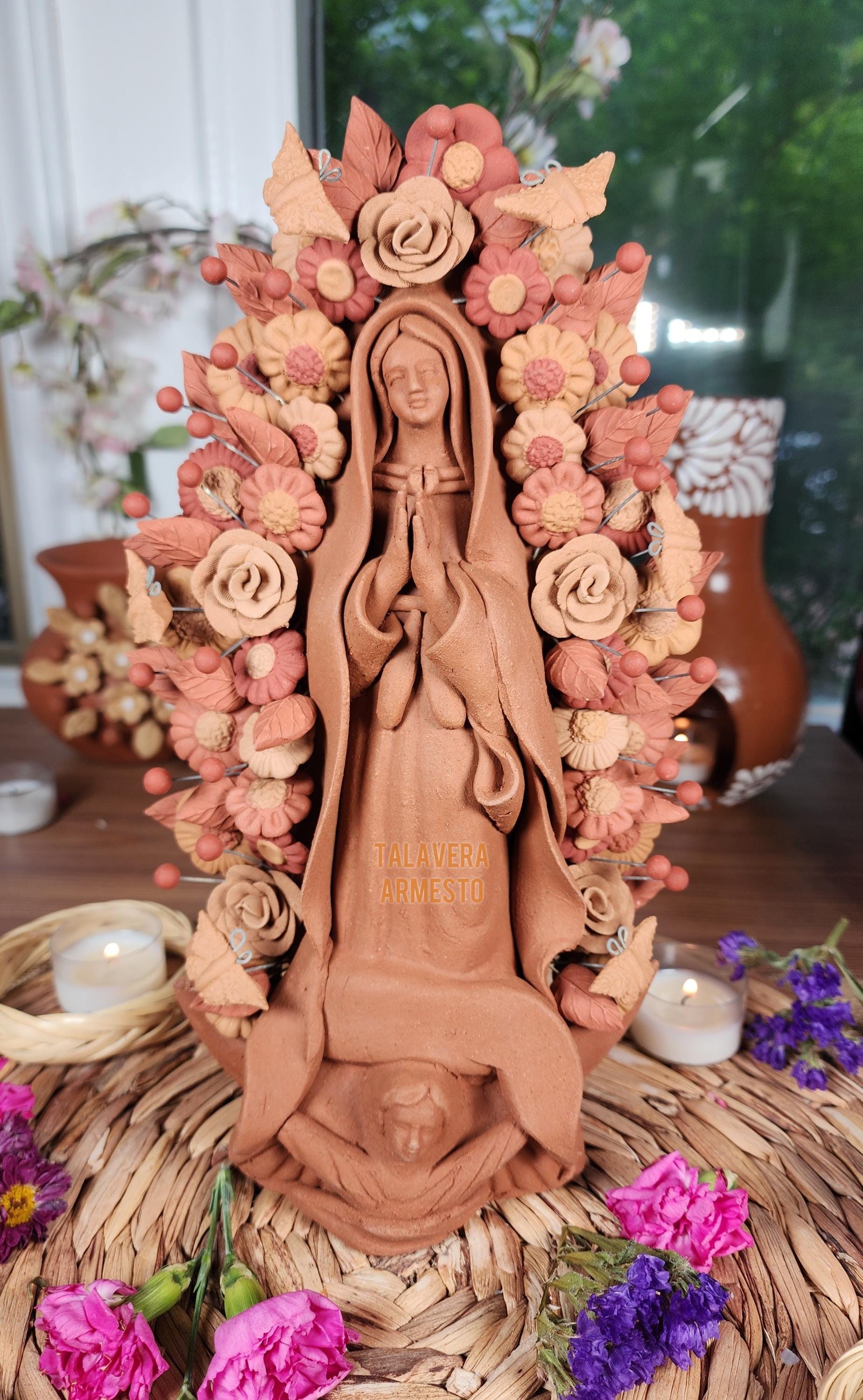 Unique Embroidery Clay Virgen Handmade handpainted 30cm tall Mexican home decor birthday gift for her virgen de Guadalupe Virgin Mary