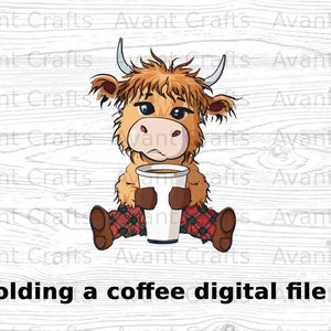 Cartoon Highland Cow sosteniendo un archivo digital de café descargar jpeg, png, pdf
