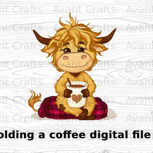 Cartoon Highland Cow sosteniendo un archivo digital de café descargar jpeg, png, pdf