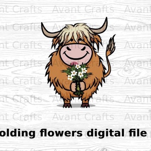 Dibujos animados Highland Cow sosteniendo flores archivo digital descargar jpeg, png, pdf
