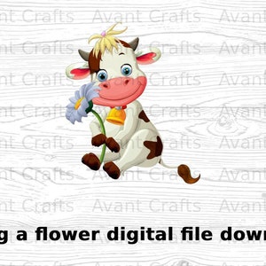 Vaca de dibujos animados sosteniendo un archivo digital de flores descargar jpeg, png, pdf