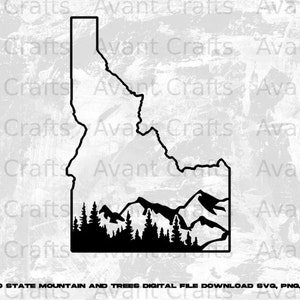 May include: Black and white silhouette of the state of Idaho with mountains and trees inside the outline. The text "IDAHO STATE MOUNTAIN AND TREES DIGITAL FILE DOWNLOAD SVG, PNG, PDF" is below the image.