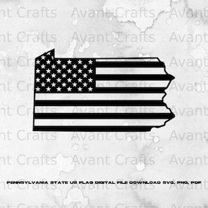 May include: Black and white digital download of the Pennsylvania state outline in the shape of the American flag. The text "PENNSYLVANIA STATE US FLAG DIGITAL FILE DOWNLOAD SVG, PNG, PDF" is at the bottom of the image.