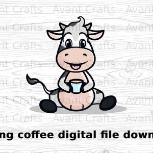 Cartoon Cow bebiendo café archivo digital descargar jpeg, png, pdf