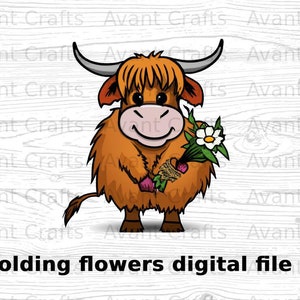 Dibujos animados Highland Cow sosteniendo flores archivo digital descargar jpeg, png, pdf