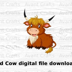Dibujos animados Highland Cow archivo digital descargar jpeg, png, pdf