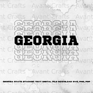 以下が含まれることがあります： 「GEORGIA」という単語の白黒の積み重ねられたテキストのグラフィックデザインで、下部に「GEORGIA STATE STACKED TEXT DIGITAL FILE DOWNLOAD SVG, PNG, PDF」というテキストがあります。