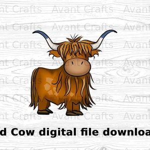 Dibujos animados Highland Cow archivo digital descargar jpeg, png, pdf
