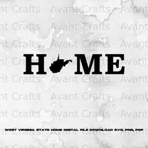 Peut inclure: Conception graphique en noir et blanc de l'état de Virginie-Occidentale avec le mot "HOME" en lettres grasses. Le texte "WEST VIRGINIA STATE HOME DIGITAL FILE DOWNLOAD SVG, PNG, PDF" est en bas de l'image.