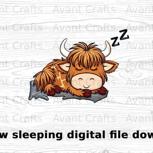 Cartoon Highland Cow durmiendo archivo digital descargar jpeg, png, pdf